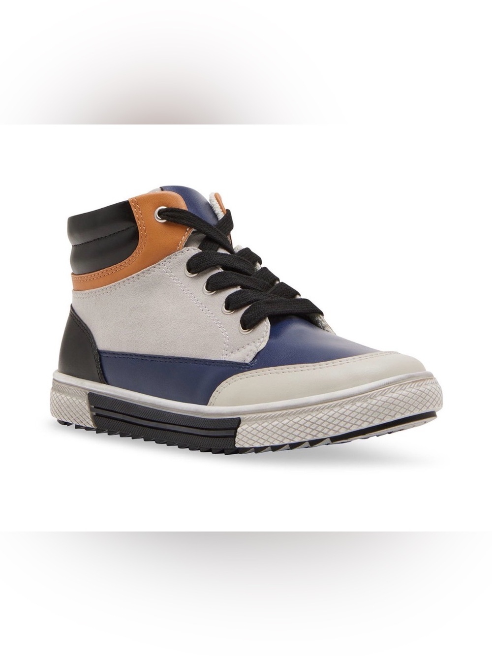 NWT Boy Steve Madden Eliass Boys High Top Sneakers Size 6 Black Tan Grey Zip Lac - Picture 3 of 8